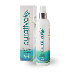 Curativa Bay Skin Spray bottle pour demonstrates quick, gentle HOCl mist for skin refreshment