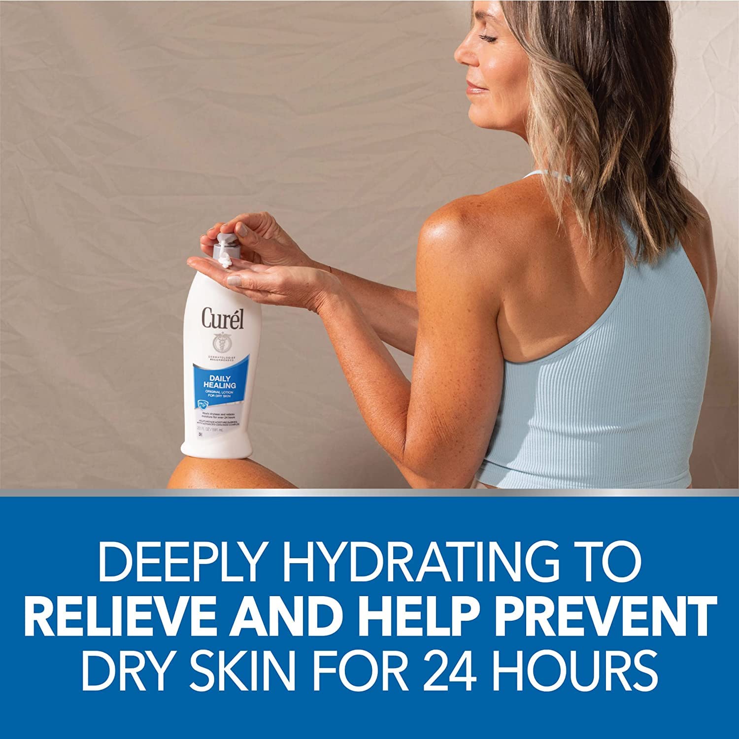 Curél Daily Healing Moisture Lotion applied on skin emphasizes smooth, comfortable feel.