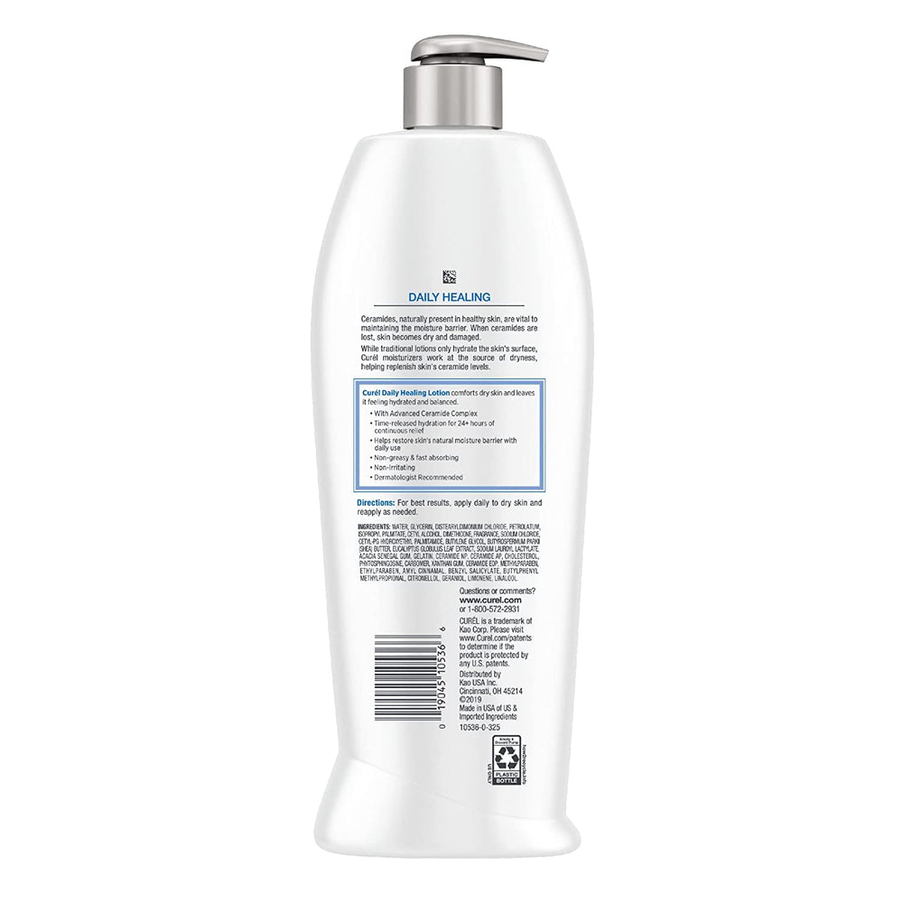 Curél lotion in a bathroom setting suggests daily use for all-over hydration.
