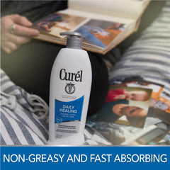 Curél lotion texture swirl highlights non-greasy, quick-absorbing formula.