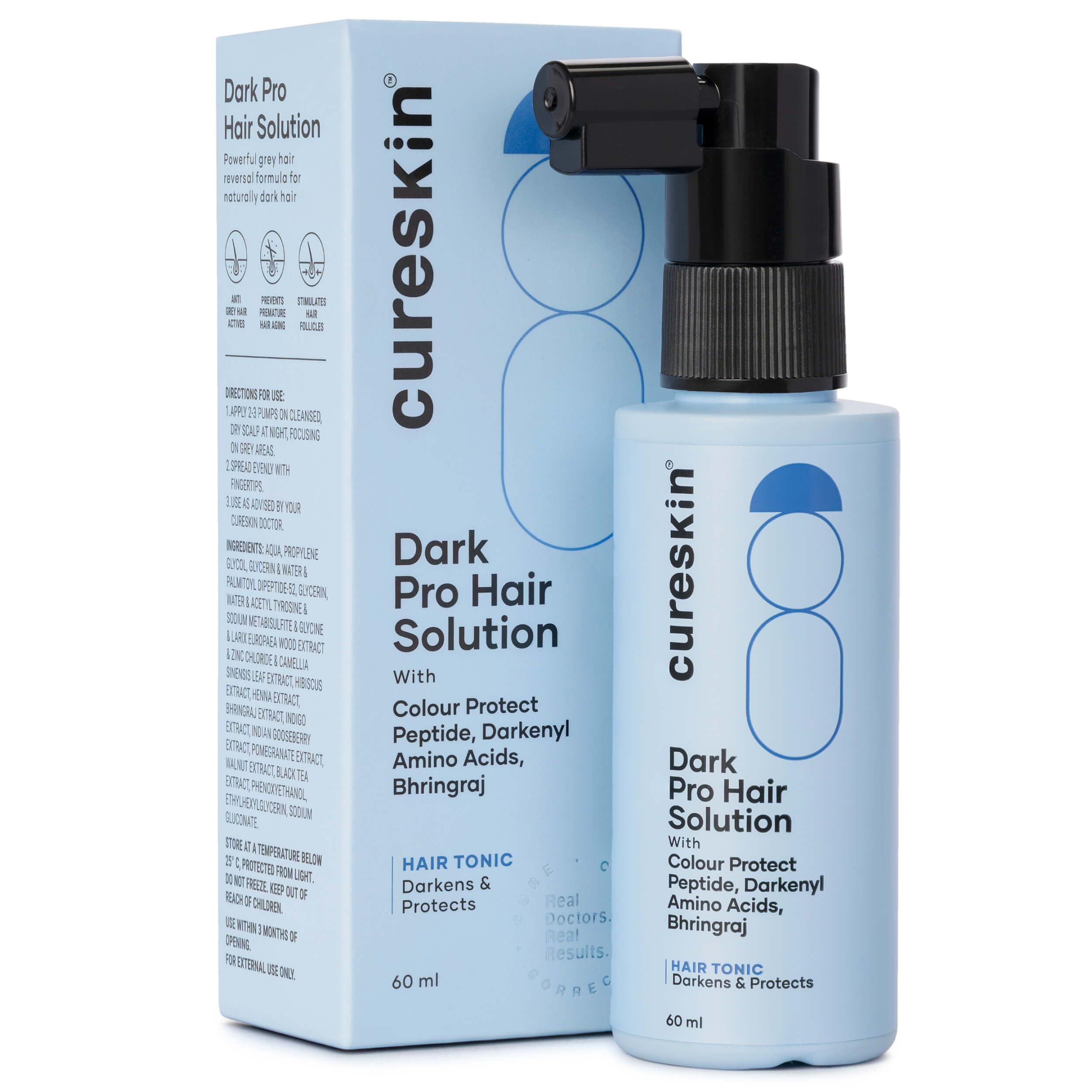 Cureskin Anti Grey Hair Serum bottle shows lightweight, non-greasy formula for gradual color improvement.