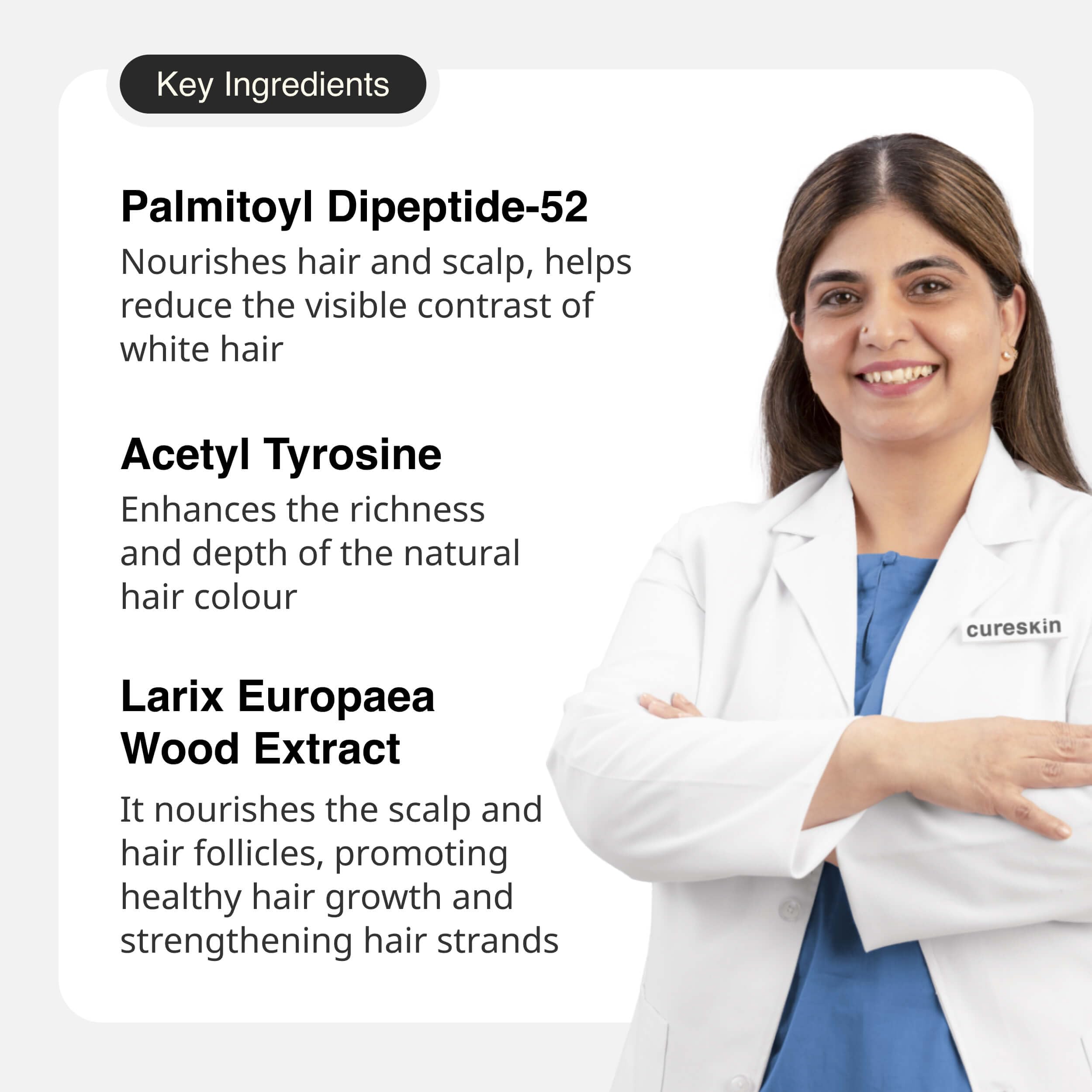 Cureskin Anti Grey Hair Serum texture dispense reveals a non-greasy glide for quick styling.