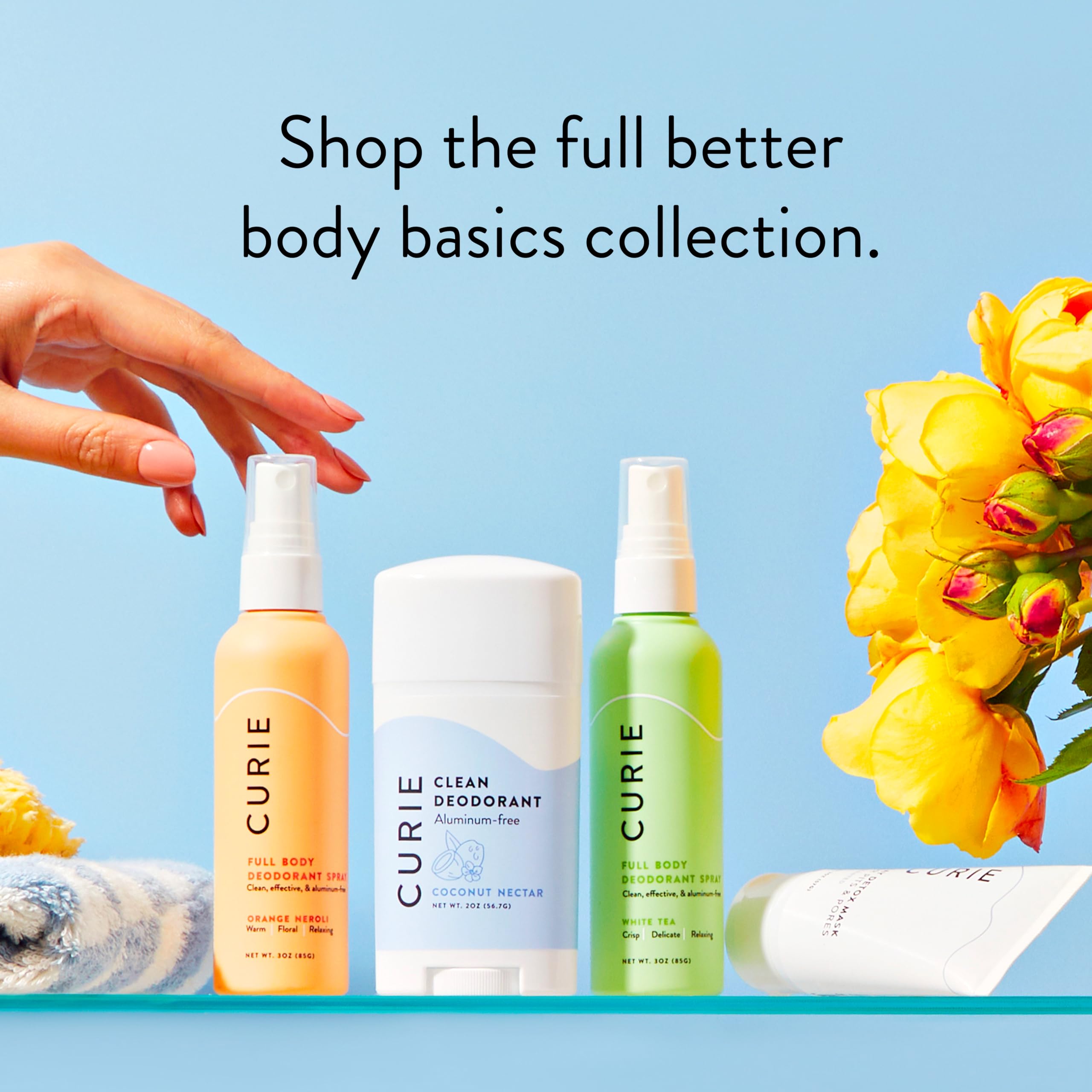 Curie deodorant application spray showing quick, easy refresh.