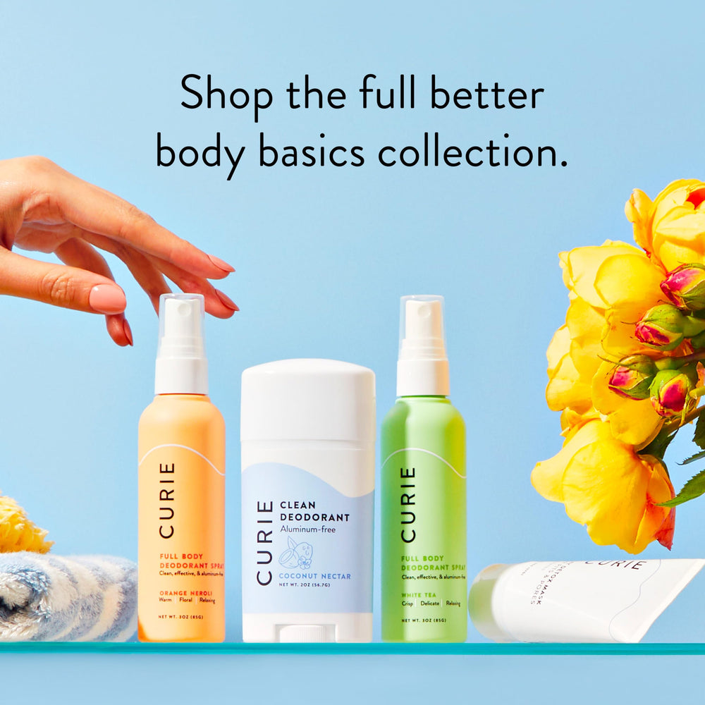 Curie deodorant application spray showing quick, easy refresh.