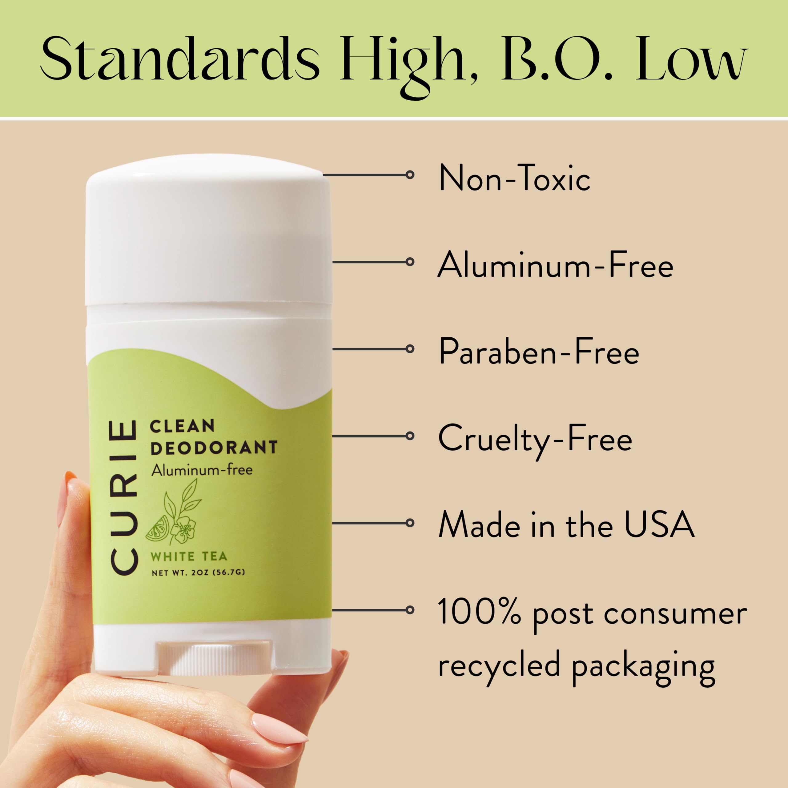 Curie mini travel-size deodorant for purse or gym bag.