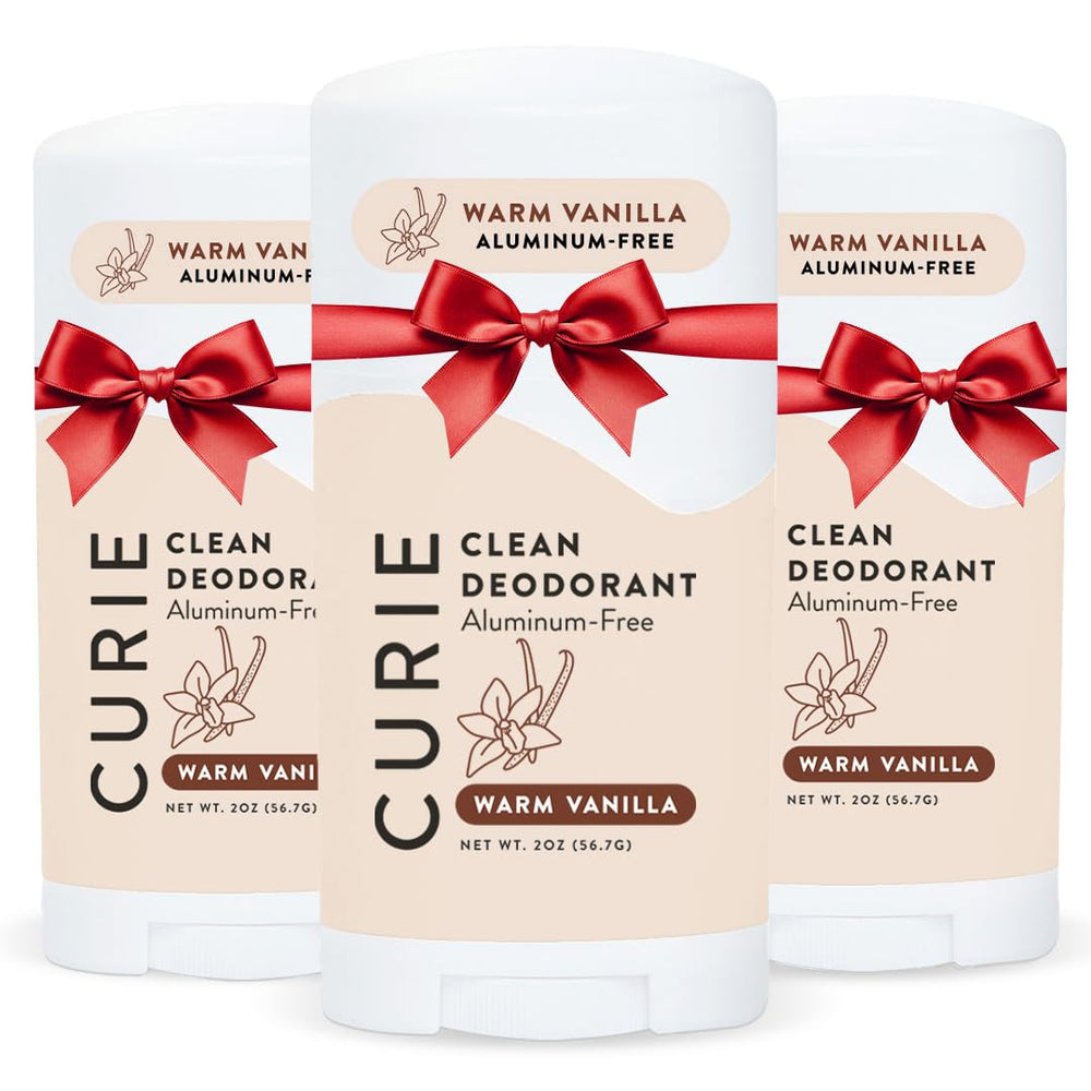 Curie Warm Vanilla deodorant stick, aluminum-free odor protection in close-up.