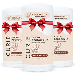 Curie Warm Vanilla deodorant stick, aluminum-free odor protection in close-up.