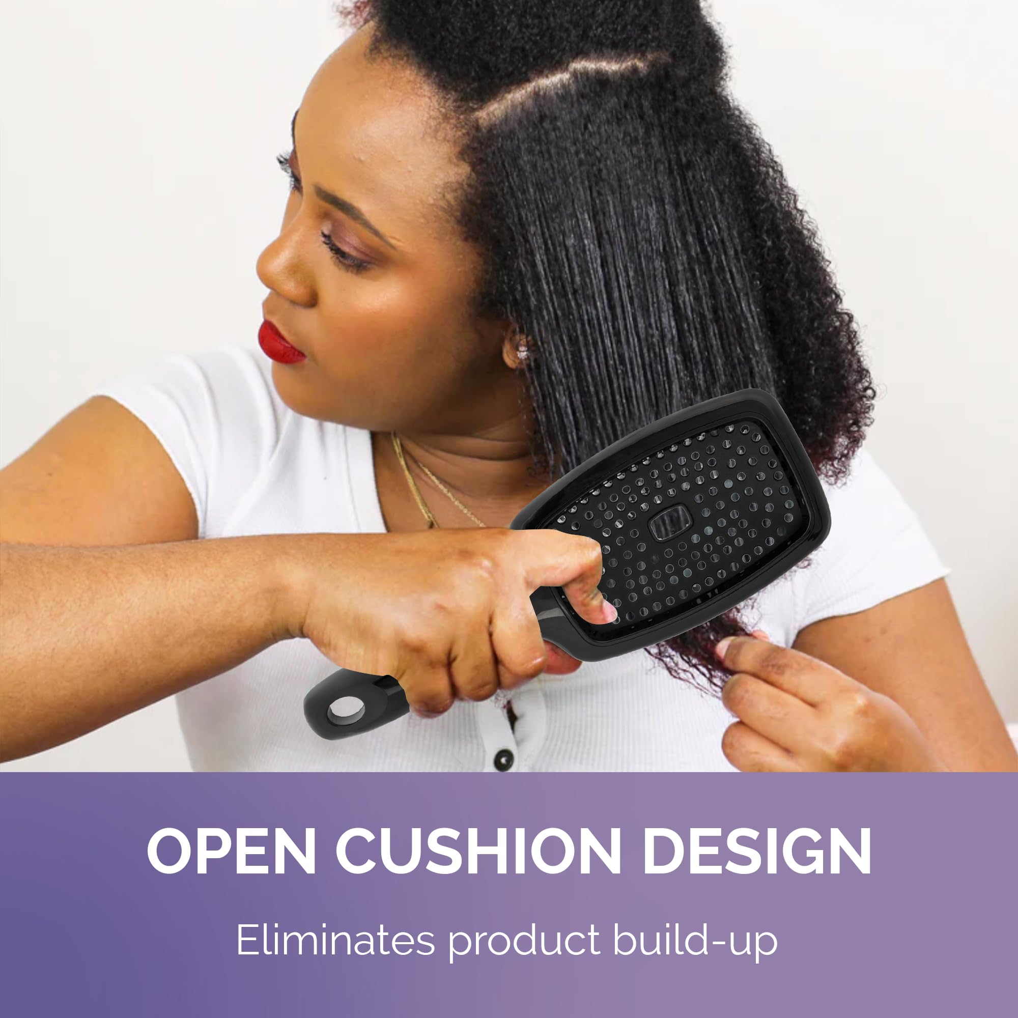 Curl Keeper Flexy Brush used on wigs and extensions for tangle-free styling