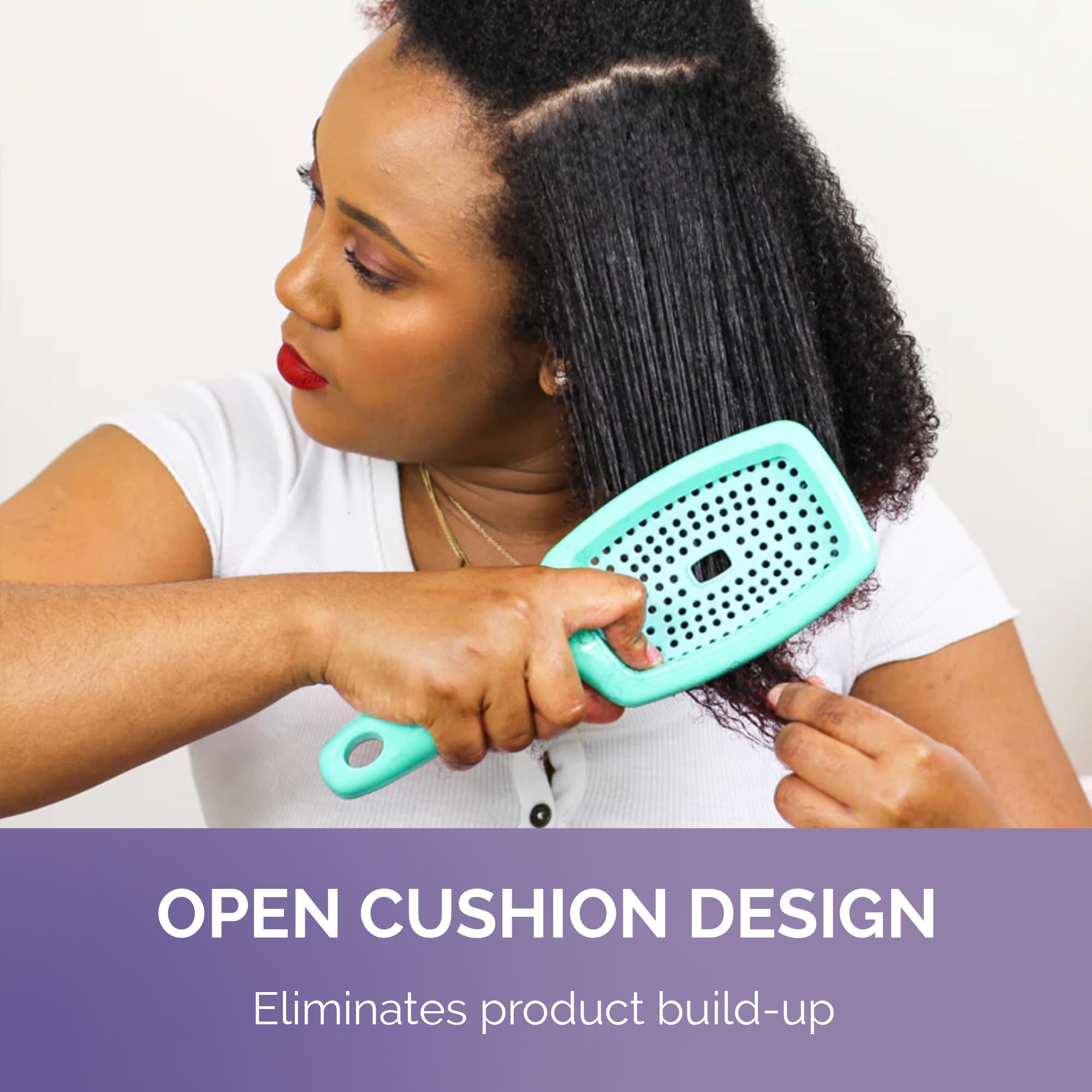Curl Keeper Flexy Brush turquoise performing detangling action on curls