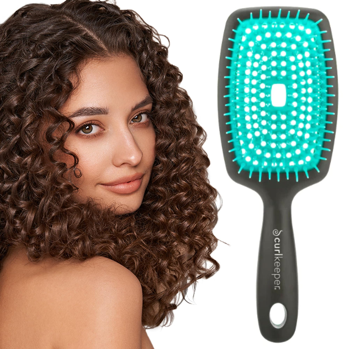 Curl Keeper Flexy Brush turquoise with open cushion design for easy detangling in the shower