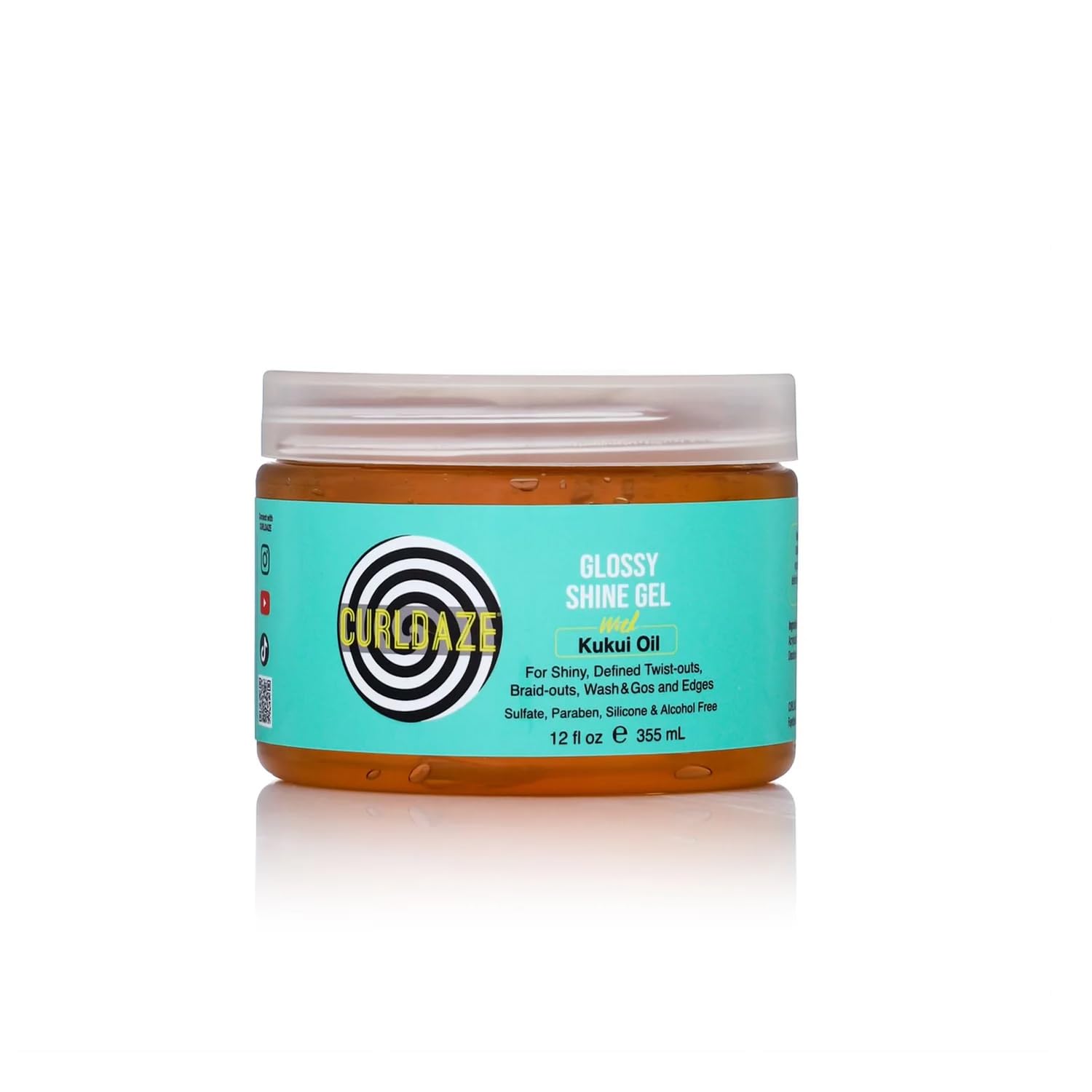 Curldaze Glossy Shine Gel bottle close-up shows defined curls and vibrant shine.