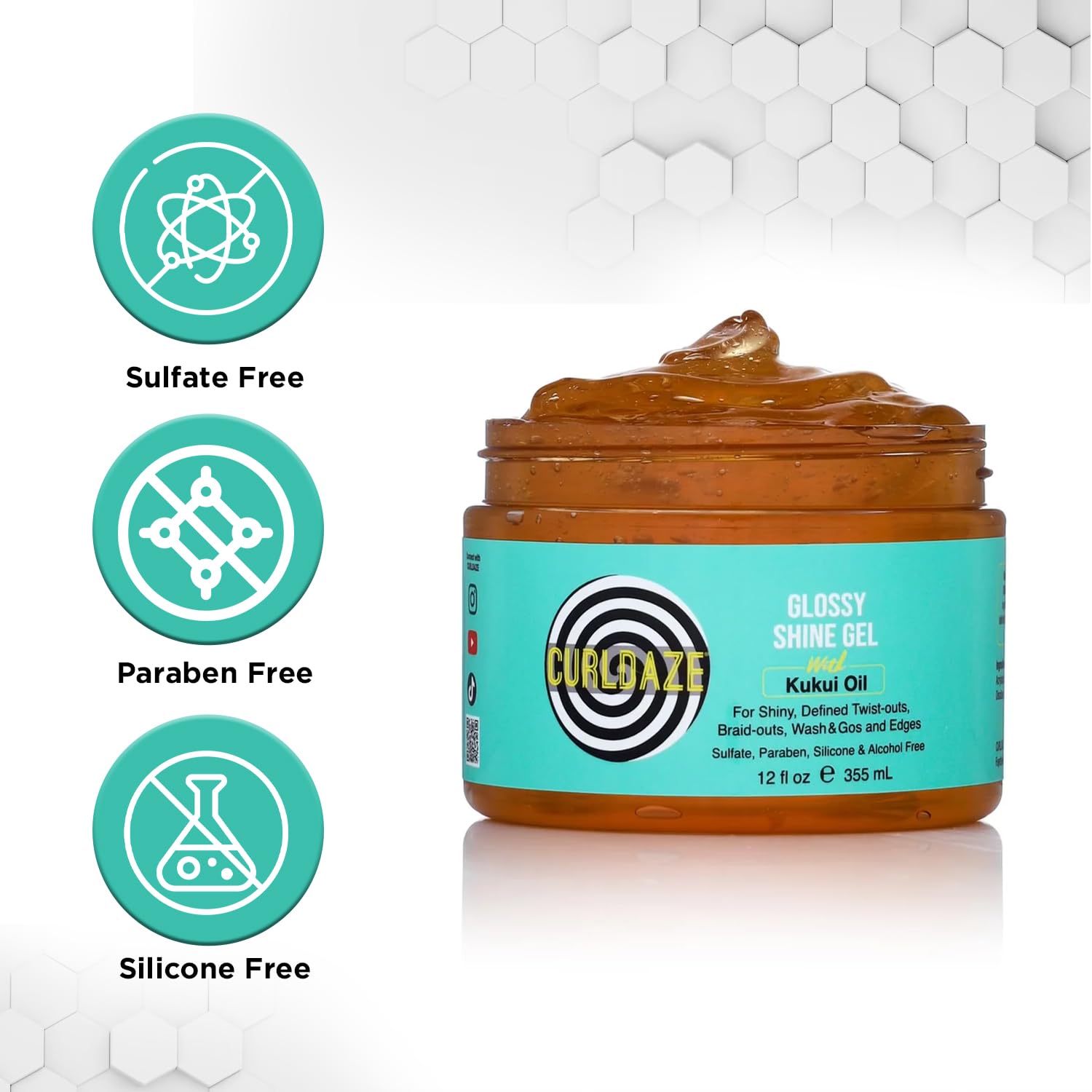 Curldaze Glossy Shine Gel formula nourishes hair with Kukui oil and vitamins A C E.