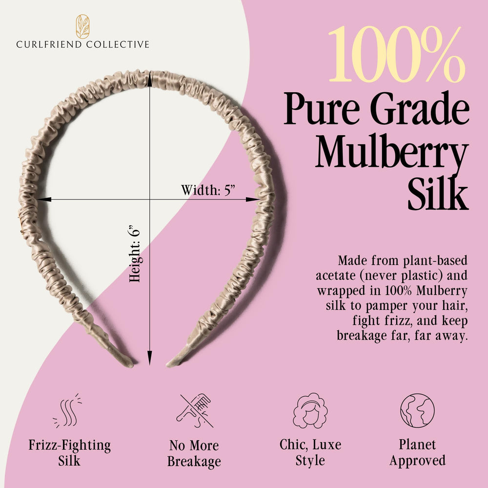 Curlfriend Collective Gray Daze headband with glasses demonstrates slip-free fit with eyewear