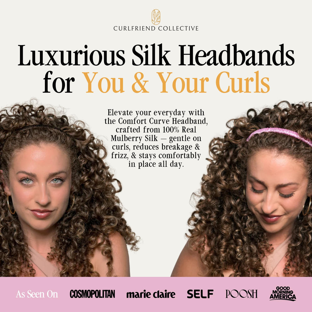 Curlfriend Collective Onyx Comfort Curve wide headband worn for all-day comfort