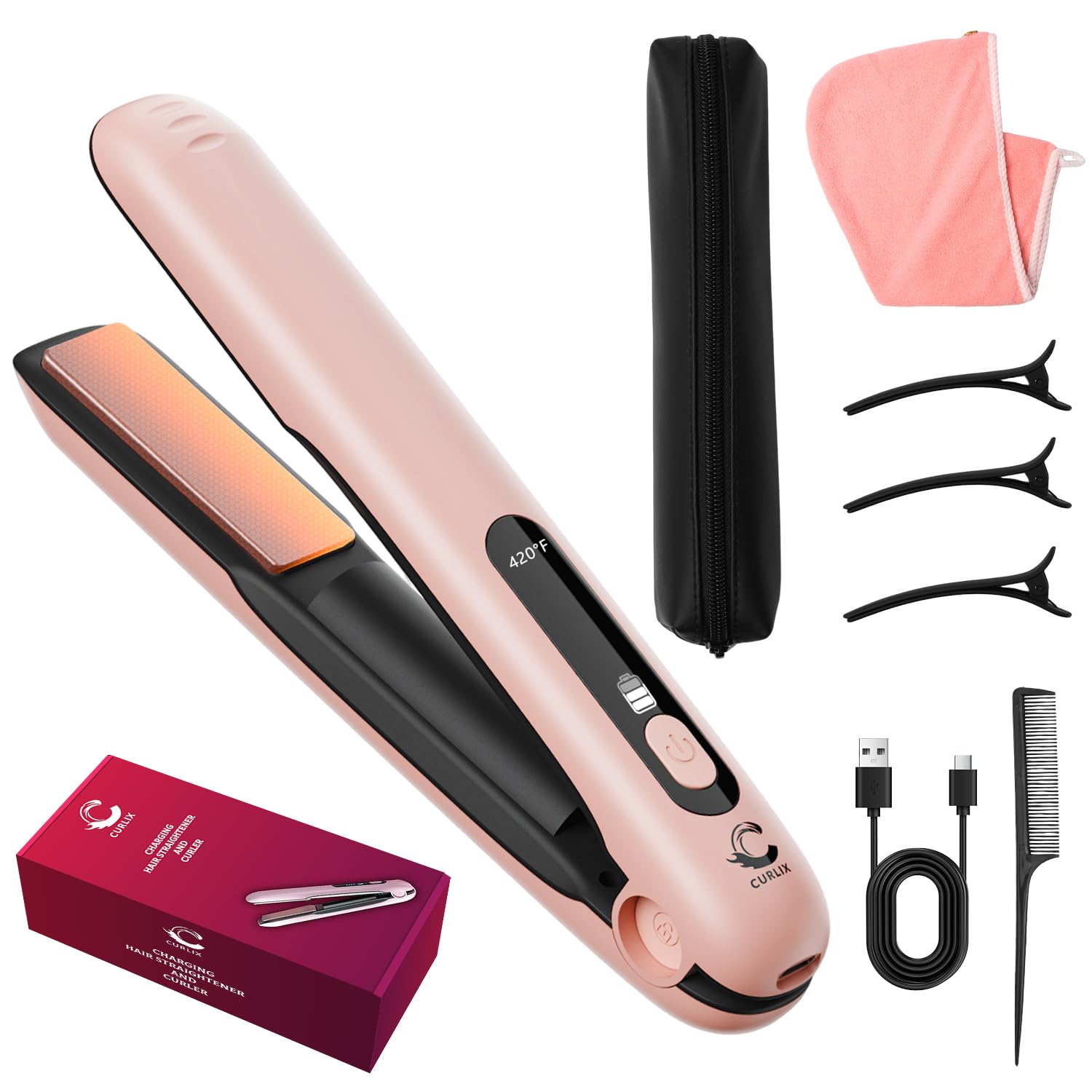 Curlix cordless straightener display shows precise temps for confident styling on the go.