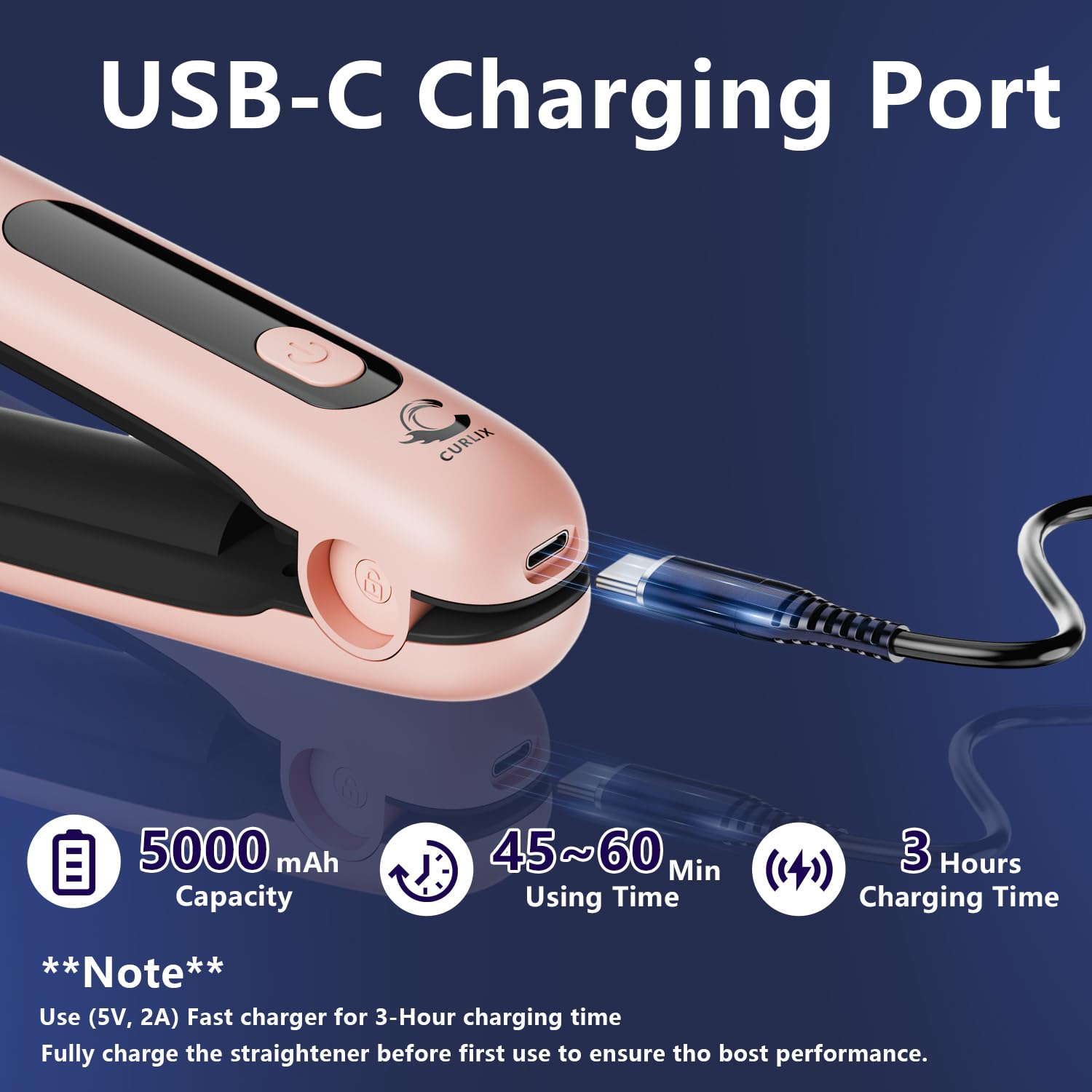 Curlix USB-C charging cable enables quick on-the-go recharges.