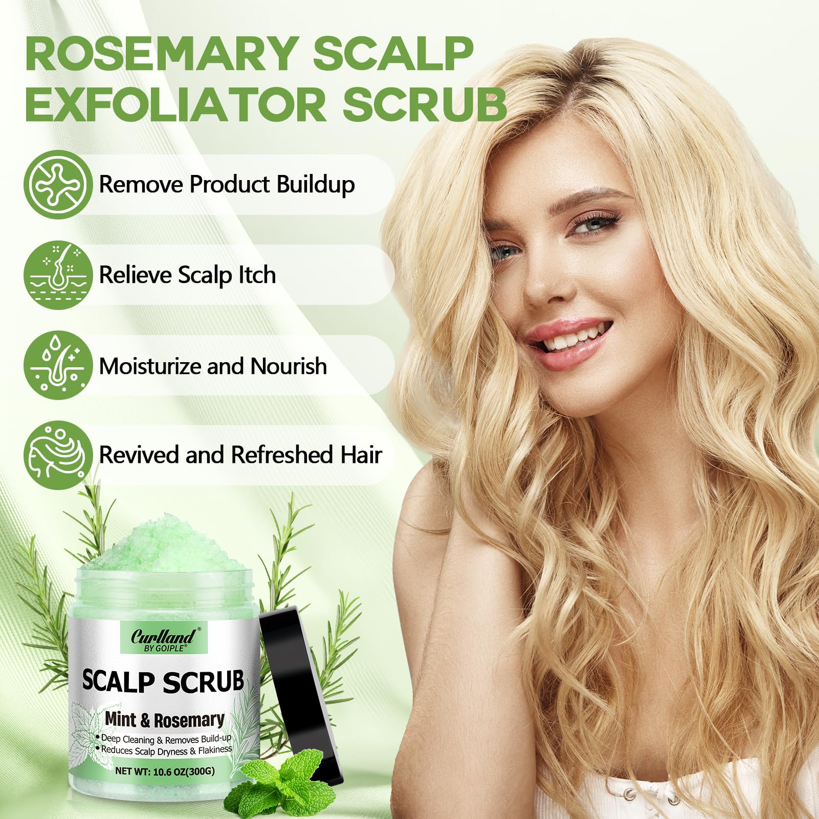 Curlland mint-oil-sea-salt-blend bottle showing soothing relief for itchy scalp.
