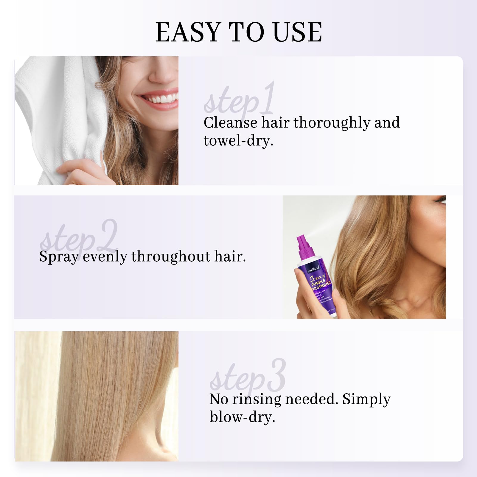 Curlland Purple Leave-In Conditioner Spray closeup—glycerin-rich formula adds shine without heaviness.