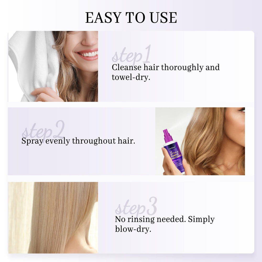 Curlland Purple Leave-In Conditioner Spray closeup—glycerin-rich formula adds shine without heaviness.