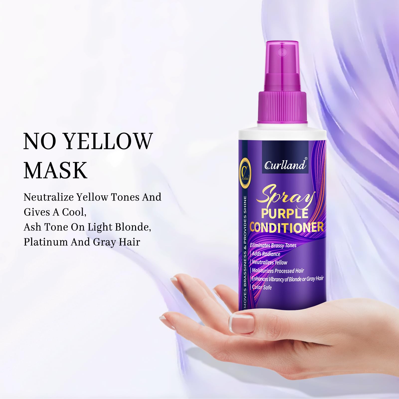 Curlland Purple Leave-In Conditioner Spray dispensing action—easy spray for quick daily haircare.