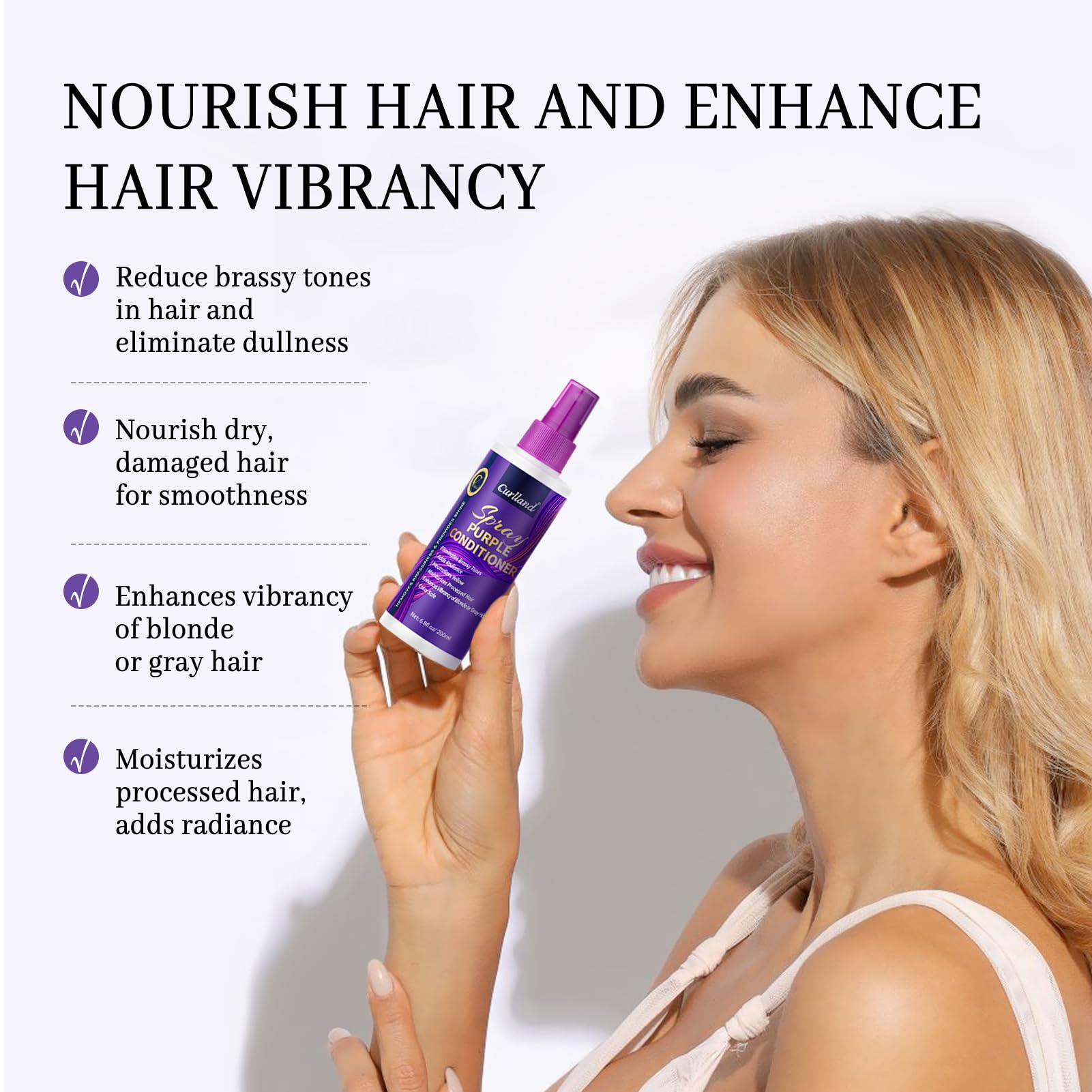 Curlland Purple Leave-In Conditioner Spray on blonde hair—neutralizes brassiness for cooler tones.