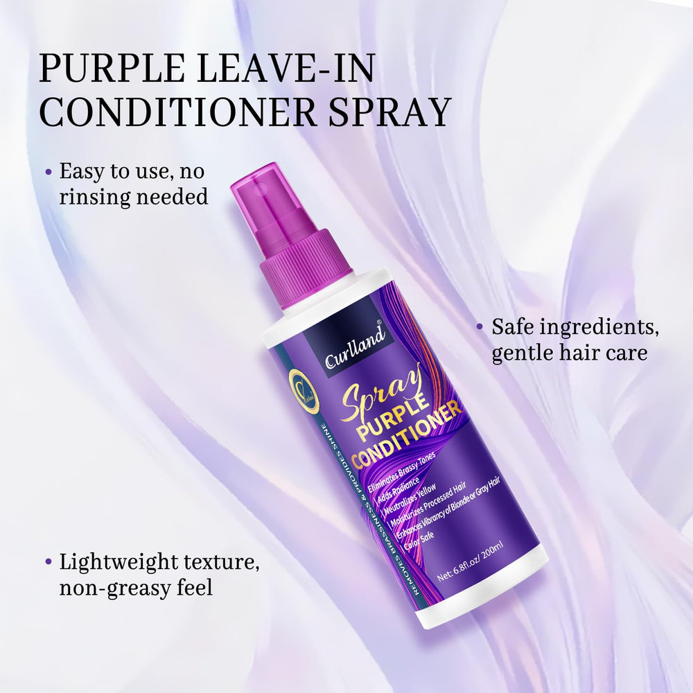 Curlland Purple Leave-In Conditioner Spray on gray hair—revives dull strands with ashy shine.