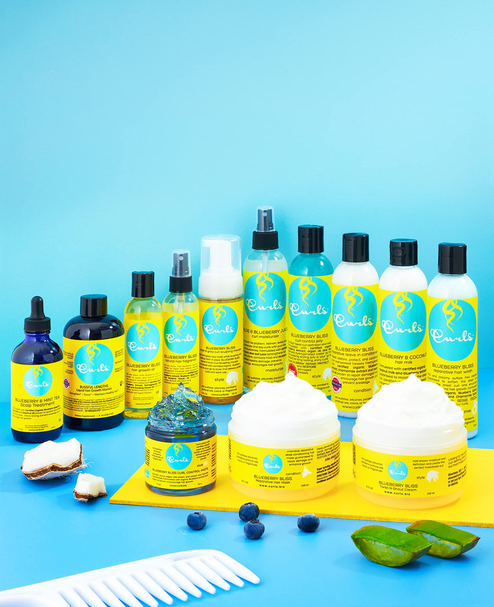 Curls Blueberry Bliss antioxidants image underscores environmental protection for vibrant curls.