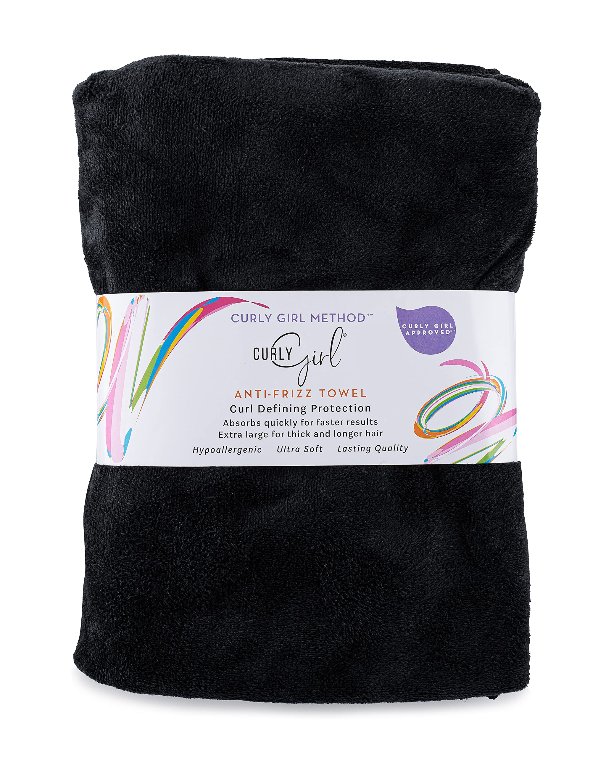 Curly Girl towel with anti-frizz focus smooths curls after washing.