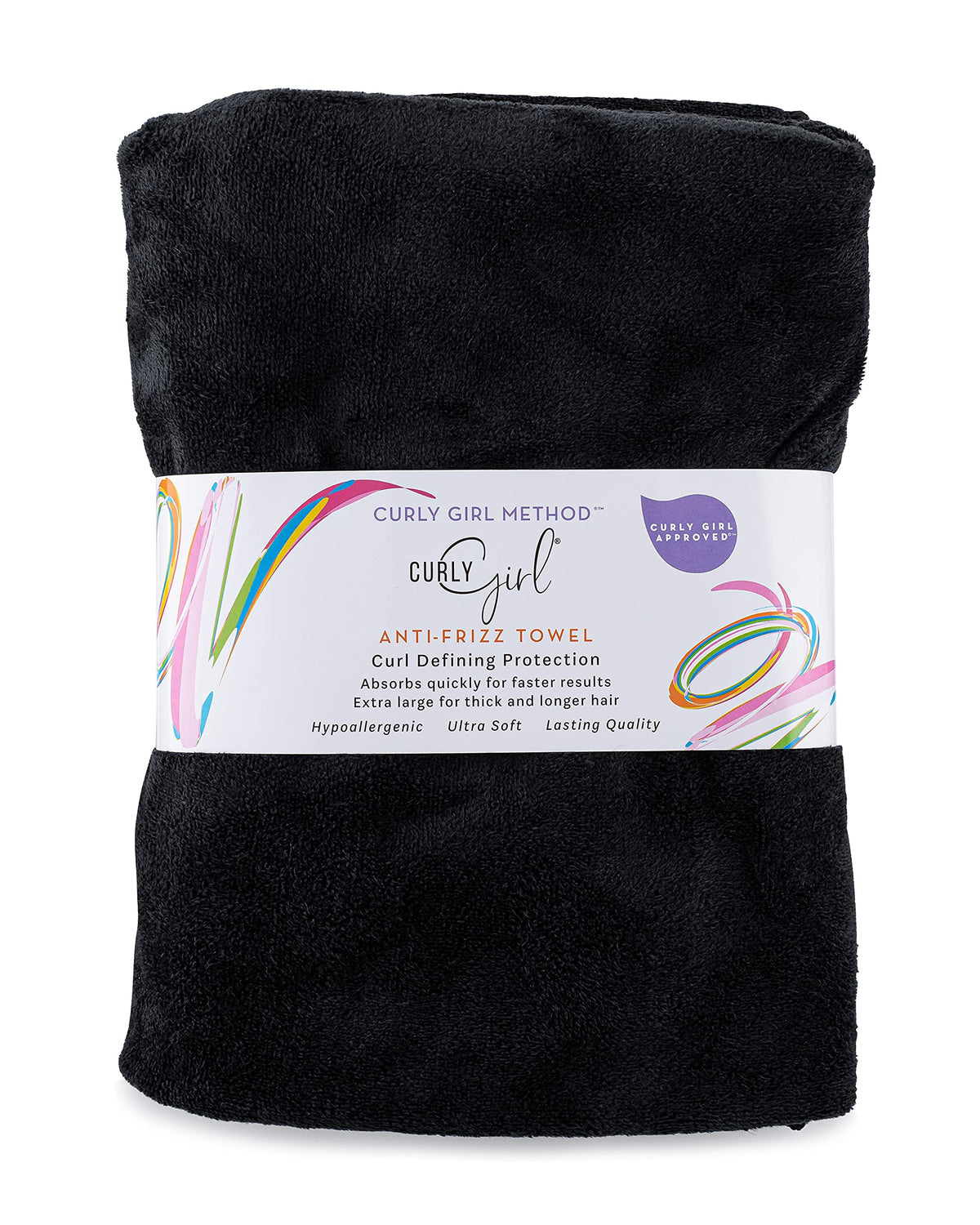Curly Girl towel with anti-frizz focus smooths curls after washing.