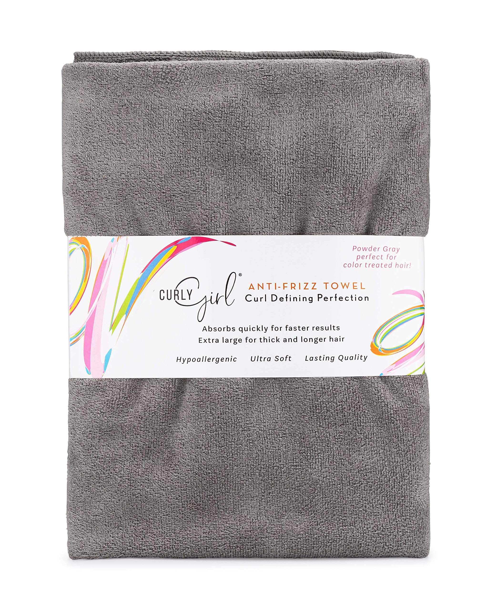 Curly Girl towel anti-frizz image shows smoother curls after washing.
