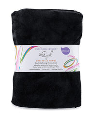 Curly Girl towel with anti-frizz focus smooths curls after washing.