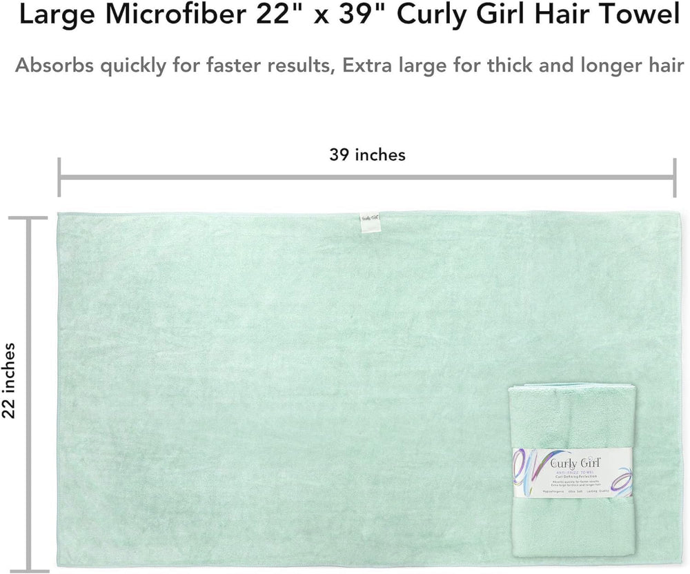 Curly Girl towel large size shown wrapping hair for curl-friendly drying.