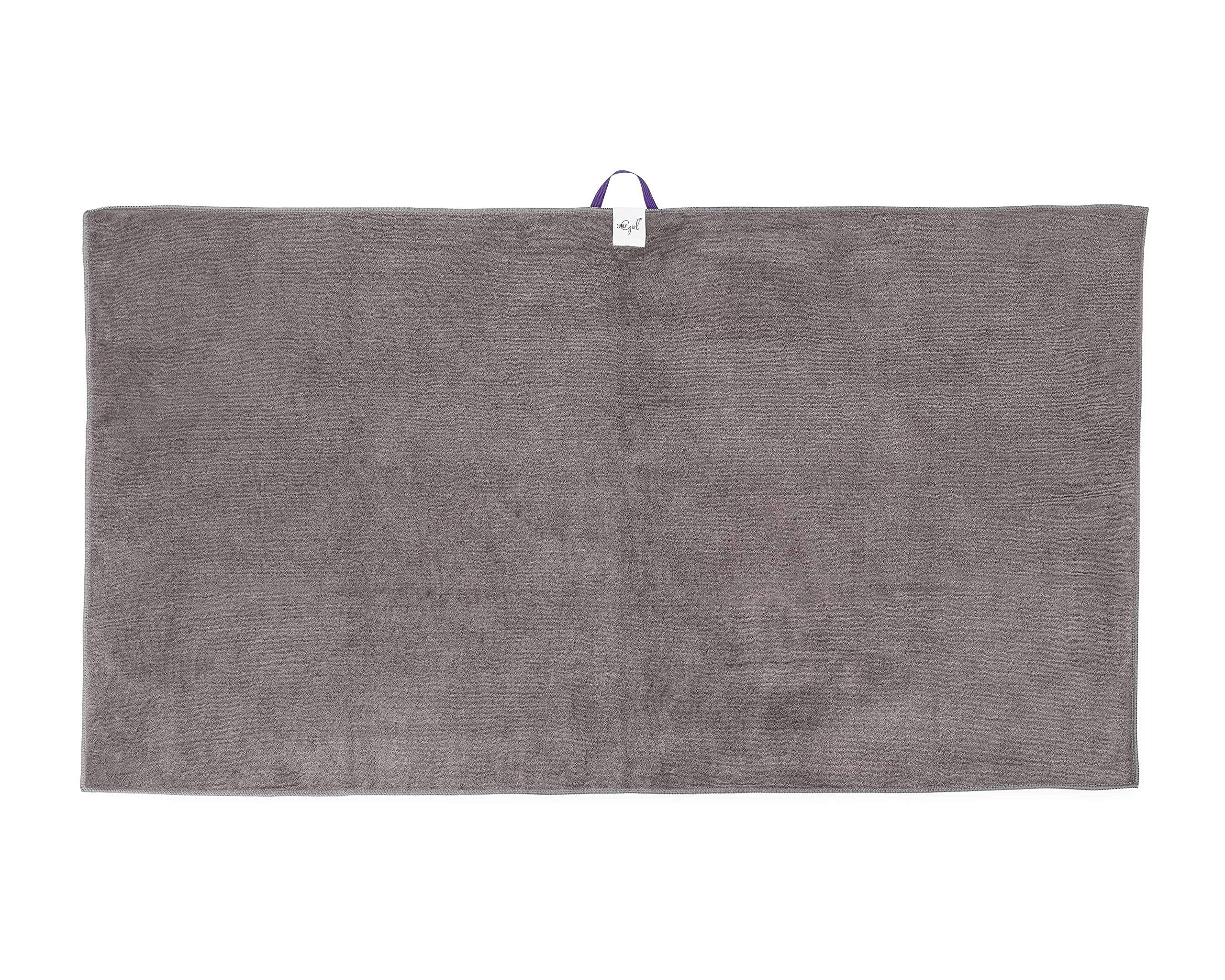 Curly Girl towel for curly hair shows roomy wrap to reduce frizz and breakage.