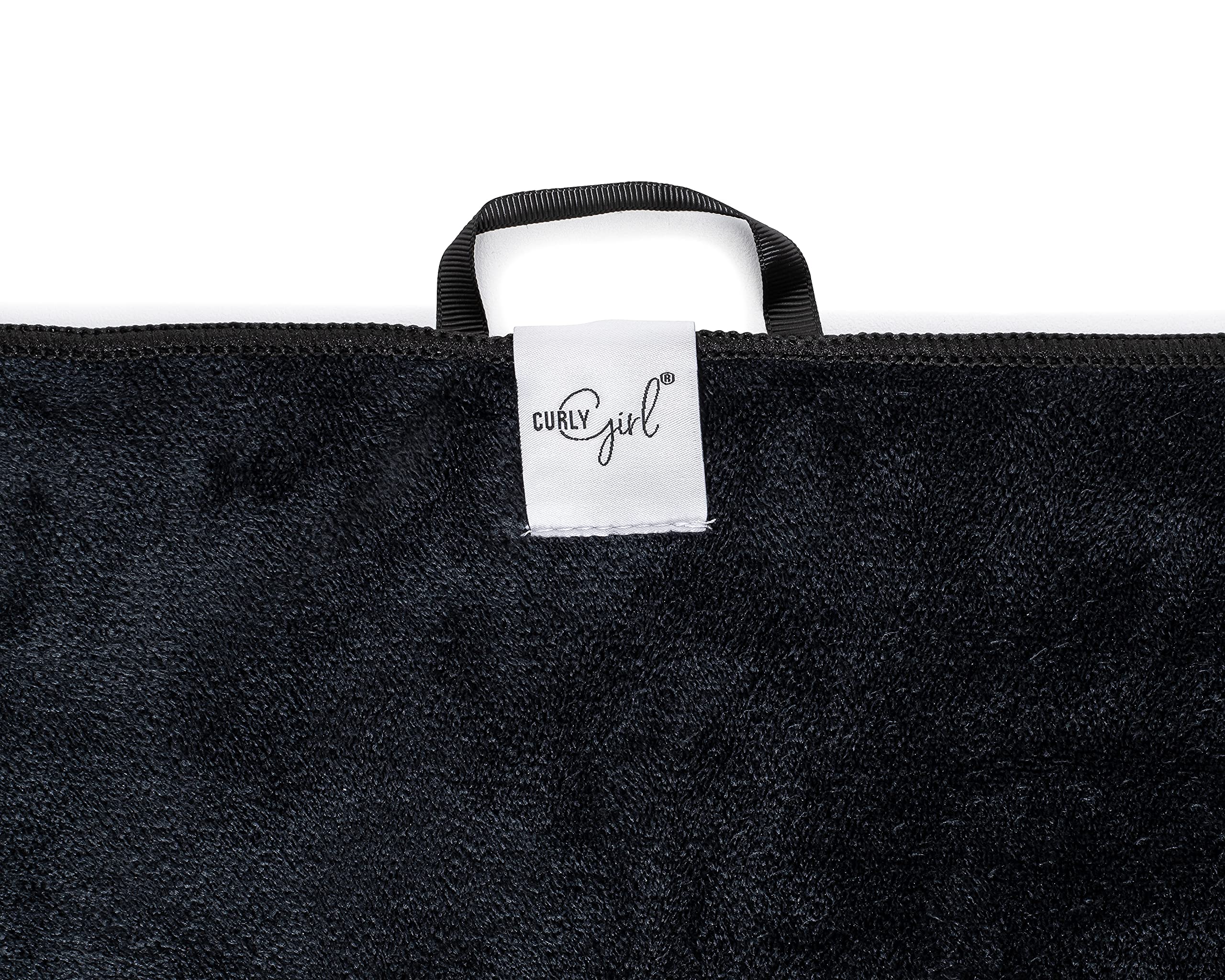 Curly Girl microfiber towel highlights absorbent fabric for fast, gentle drying.