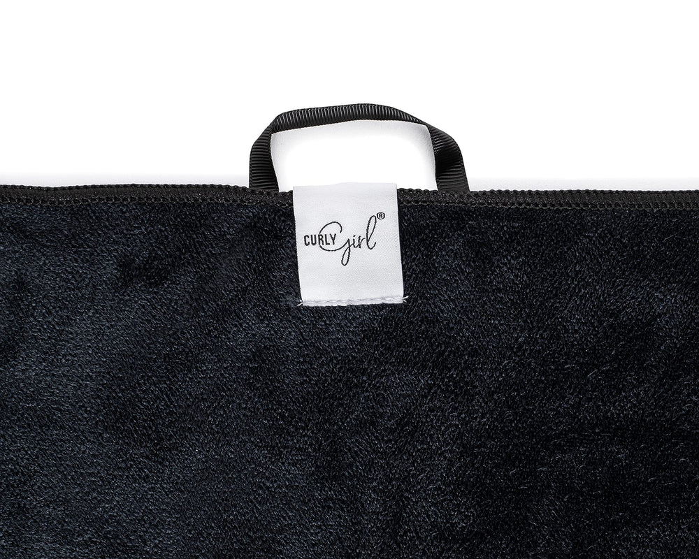 Curly Girl microfiber towel highlights absorbent fabric for fast, gentle drying.