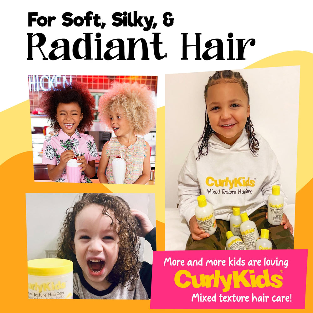 CurlyKids curly hair closeup highlights frizz control and hydration benefits