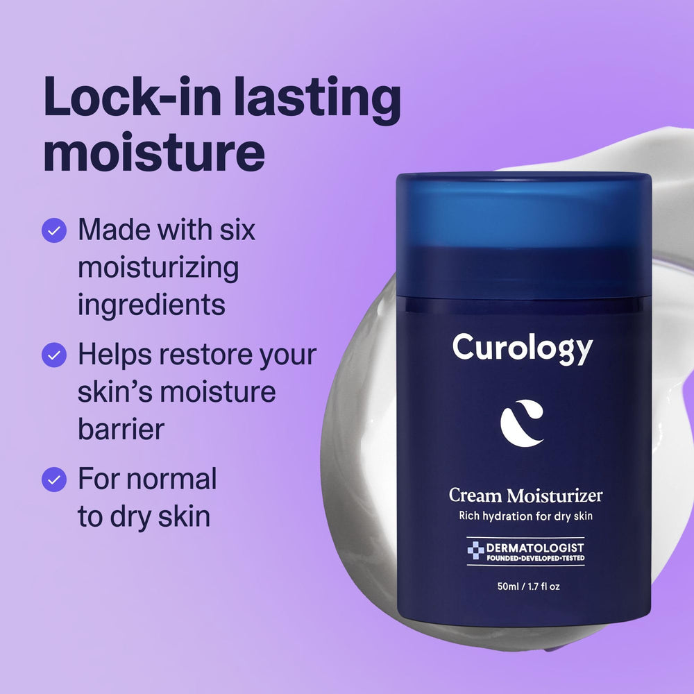 Curology Cream Moisturizer bottle angled highlights airless pump for controlled dispensing.
