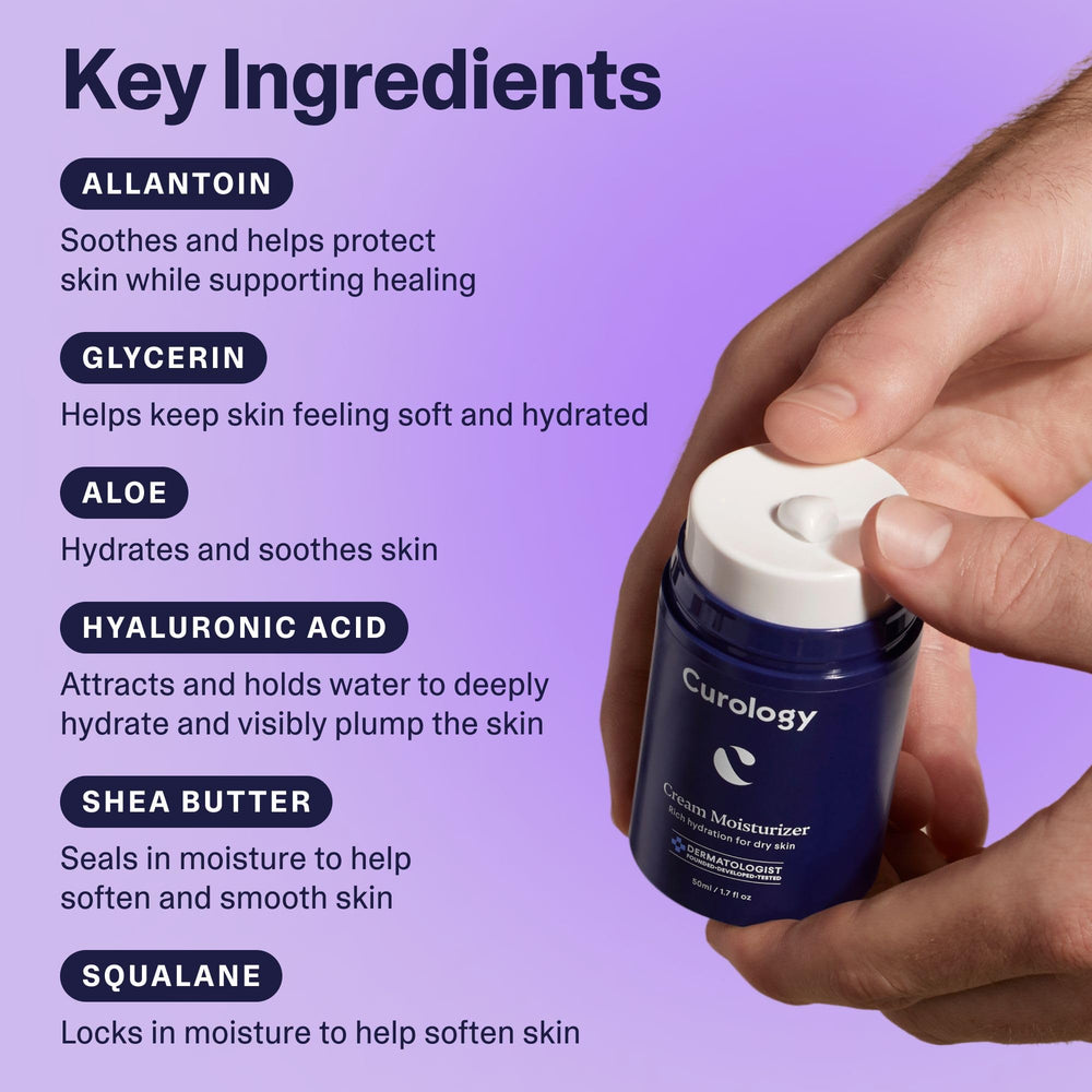 Curology Cream Moisturizer jar shows ingredients including shea butter and hyaluronic acid.