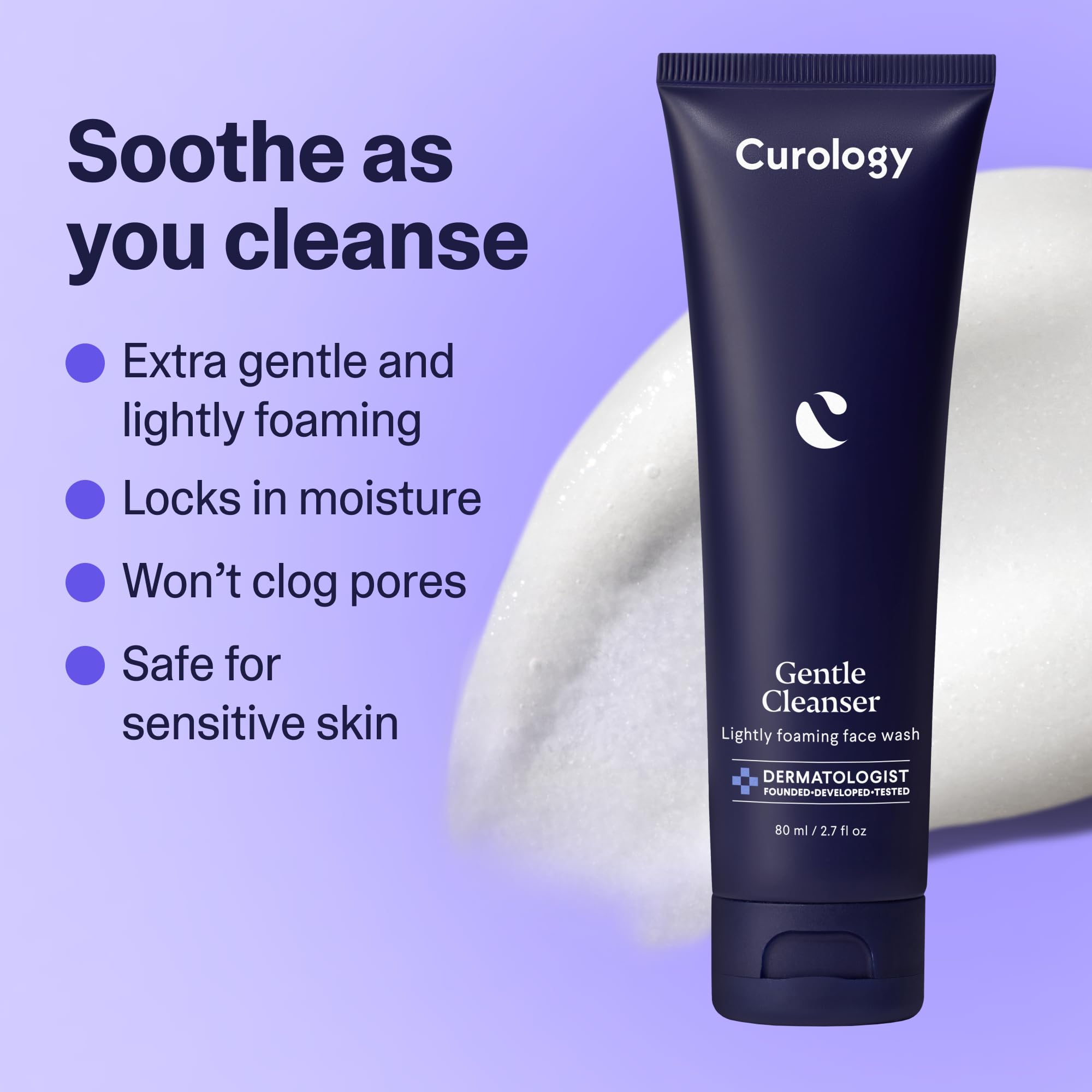 Curology gentle face cleanser foaming lather demonstrates soft texture suitable for sensitive skin