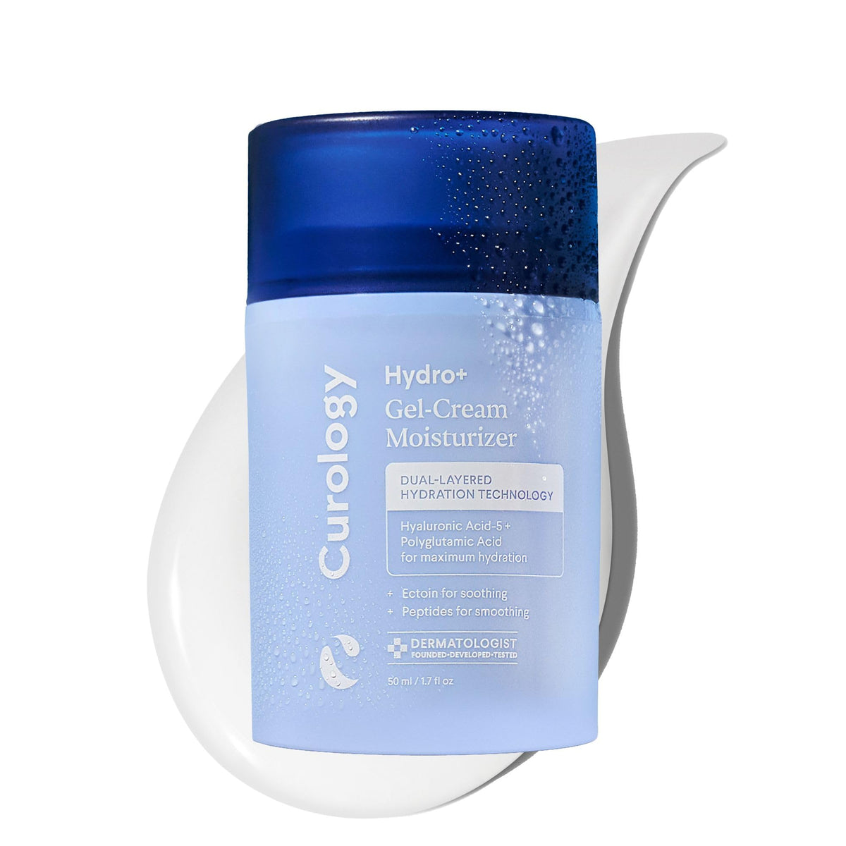 Curology Hydro+ Gel Cream bottle pump closeup highlighting long-lasting hydration