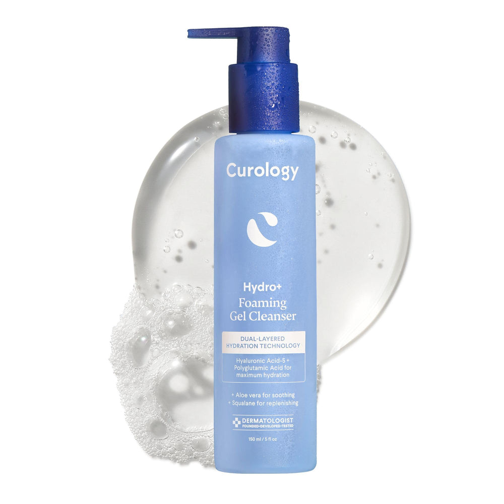 Curology Hydro+ Foaming Gel Cleanser bottle shows gentle hydrating foam for sensitive skin