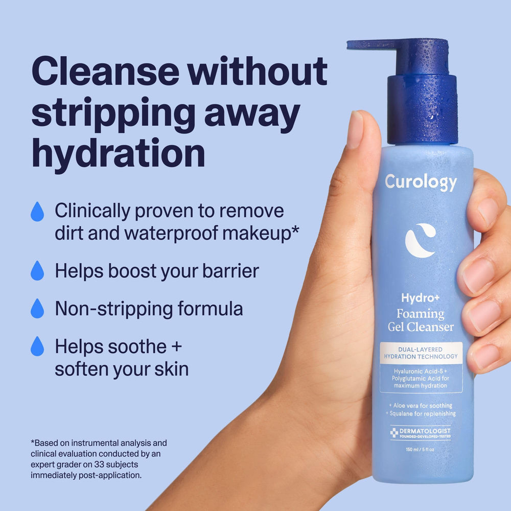 Curology Hydro+ Foaming Gel Cleanser close-up of aloe and squalane soothing skin