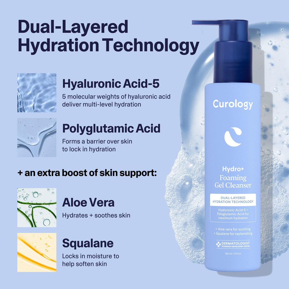 Curology Hydro+ Foaming Gel Cleanser pump demonstrates easy, mess-free morning routine
