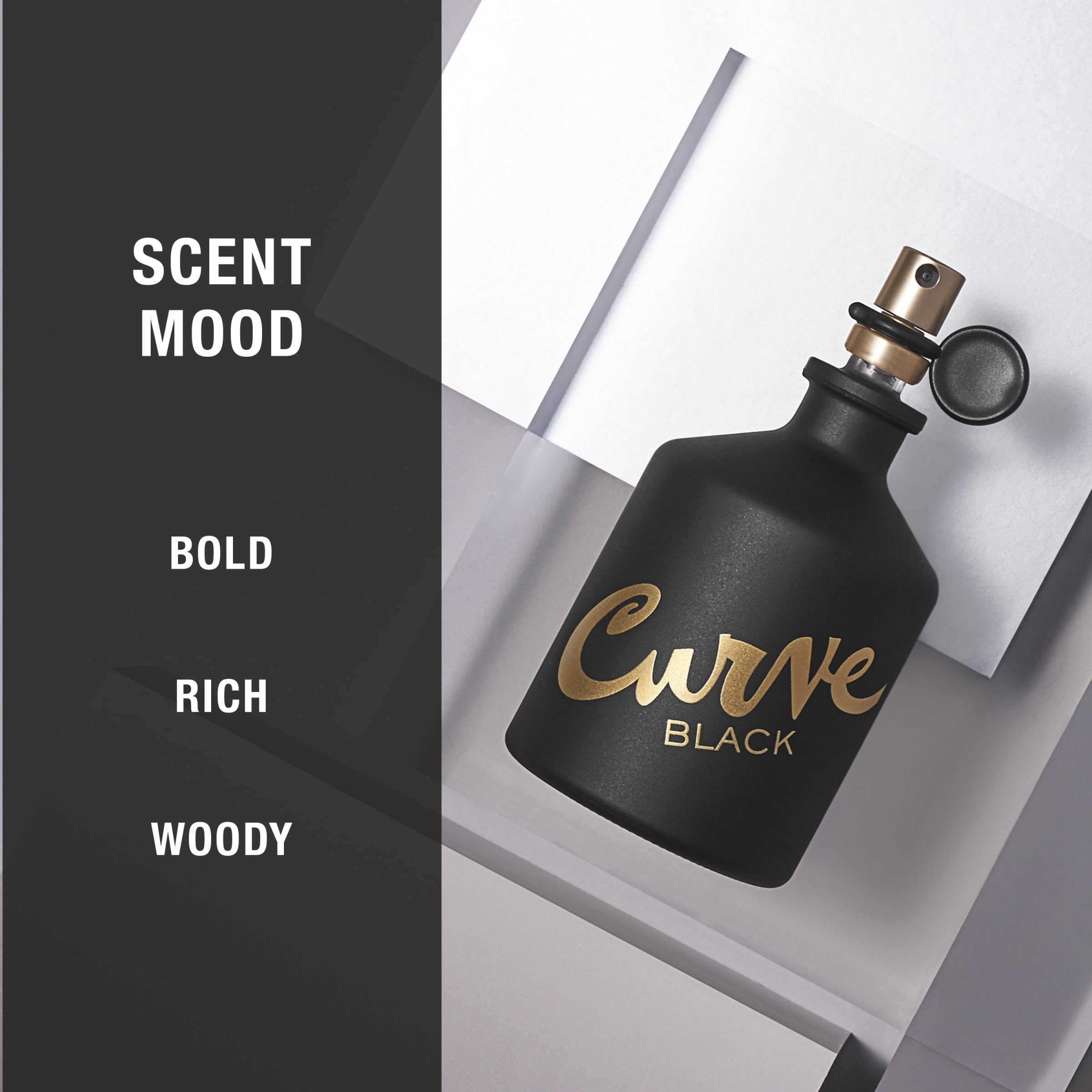 Curve Black bottle closeup highlighting premium finish and depth.