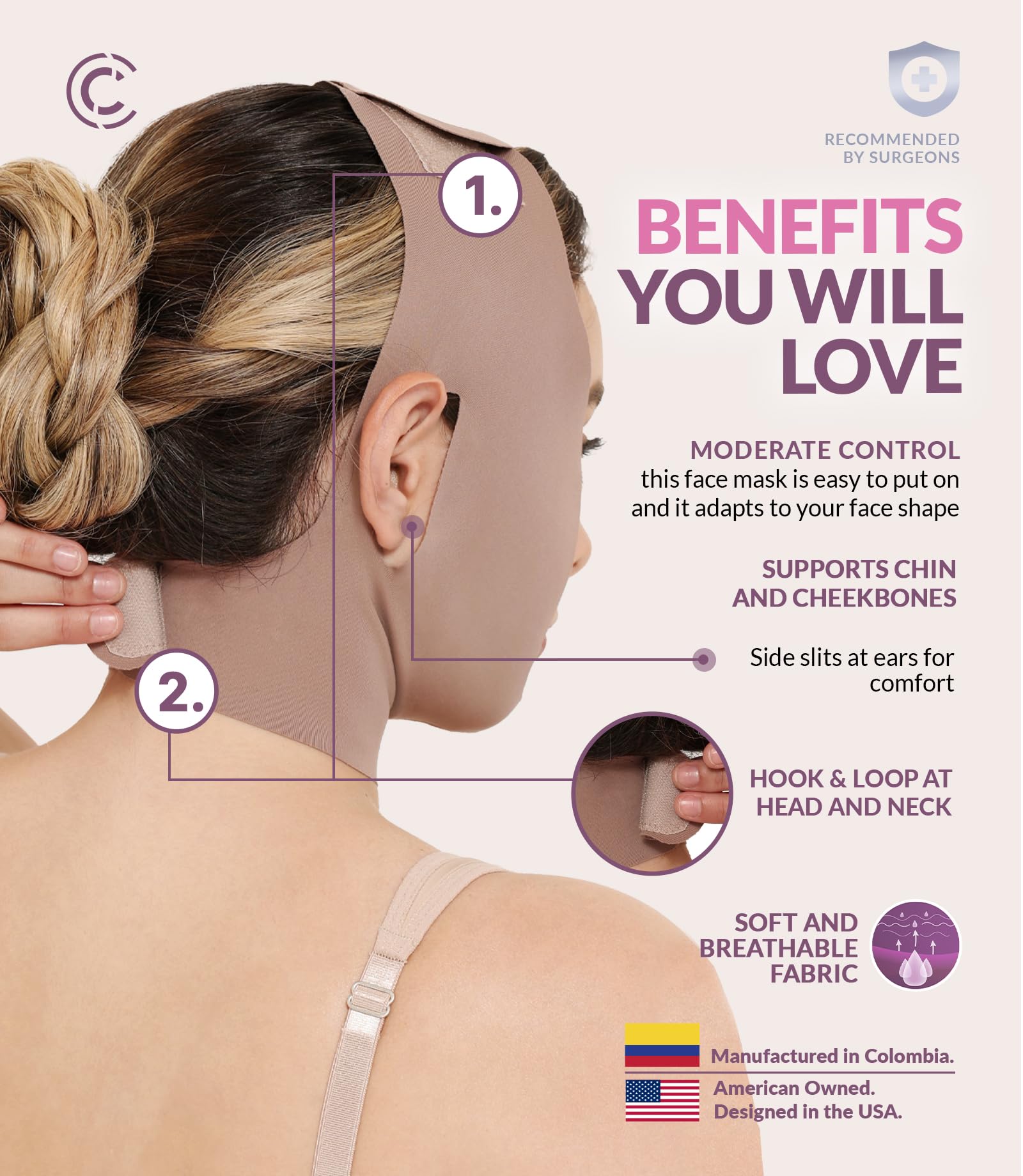CURVEEZ chin strap open-ear design shown for comfortable wear