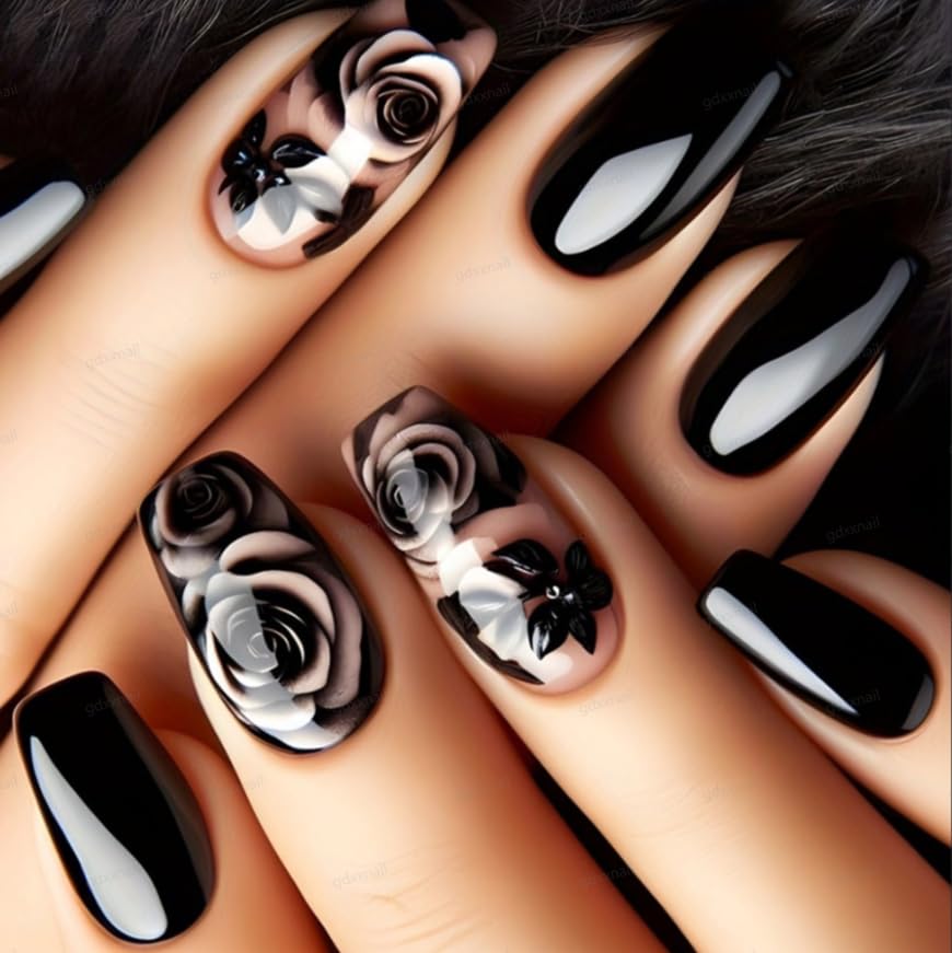 CurvLife nails black rose pack enables instant chic manicure at home.