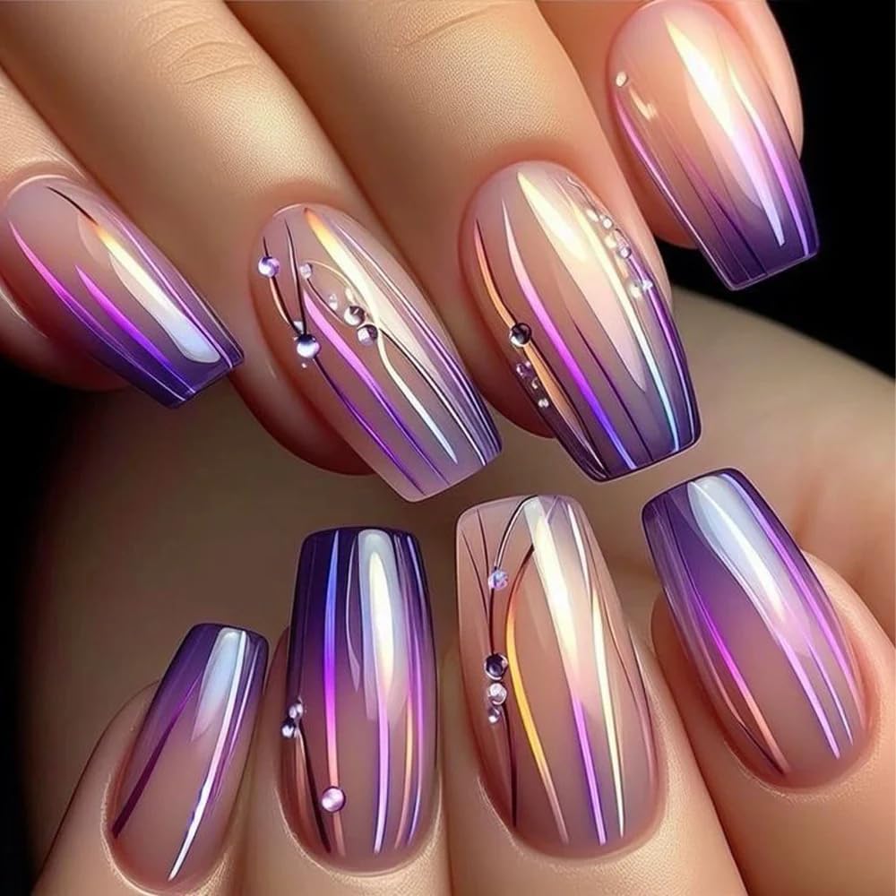 CurvLife press-on nails gradient purple lines for an instant chic manicure