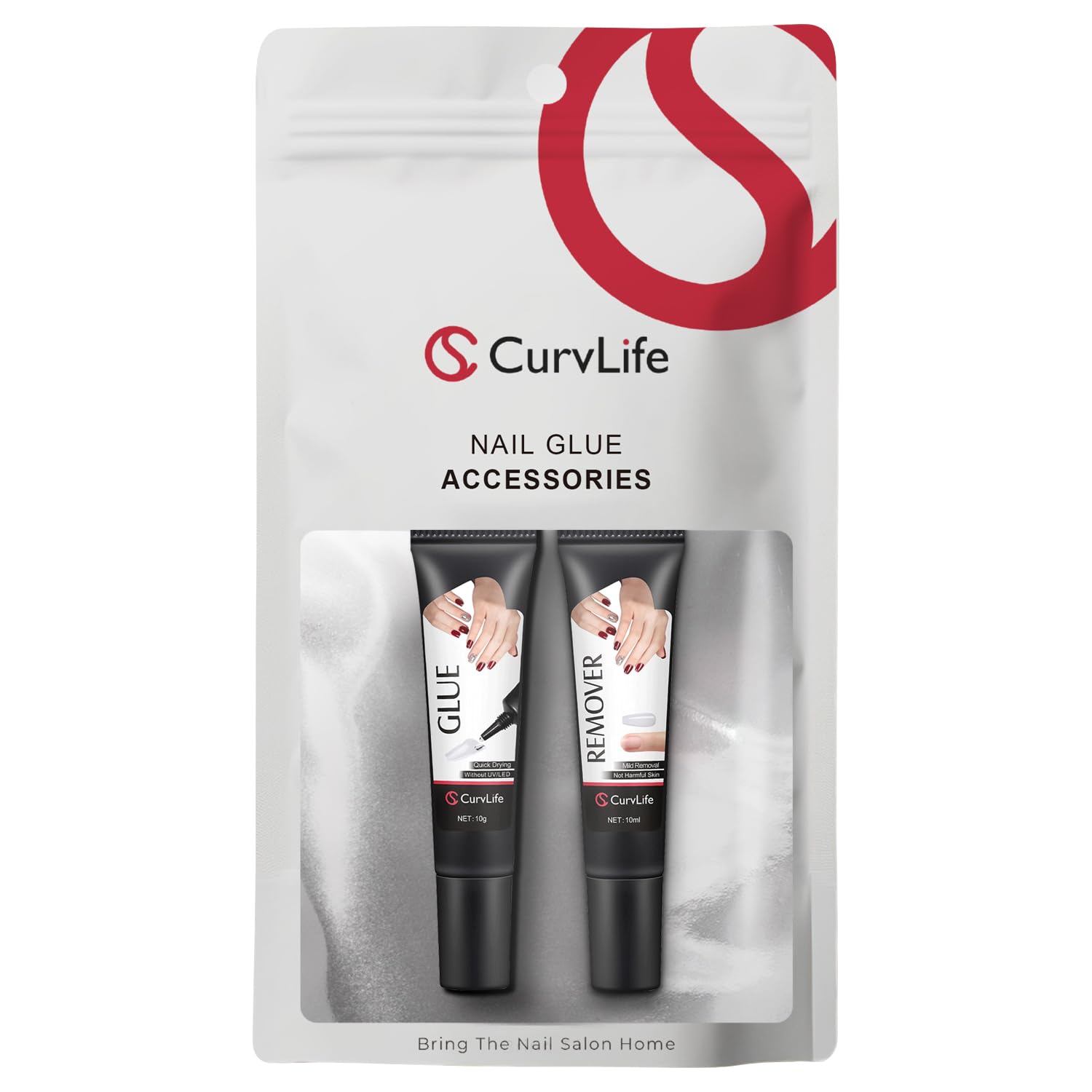 Curvlife quick-drying nail glue 10g bottle pours for fast, secure nail application.