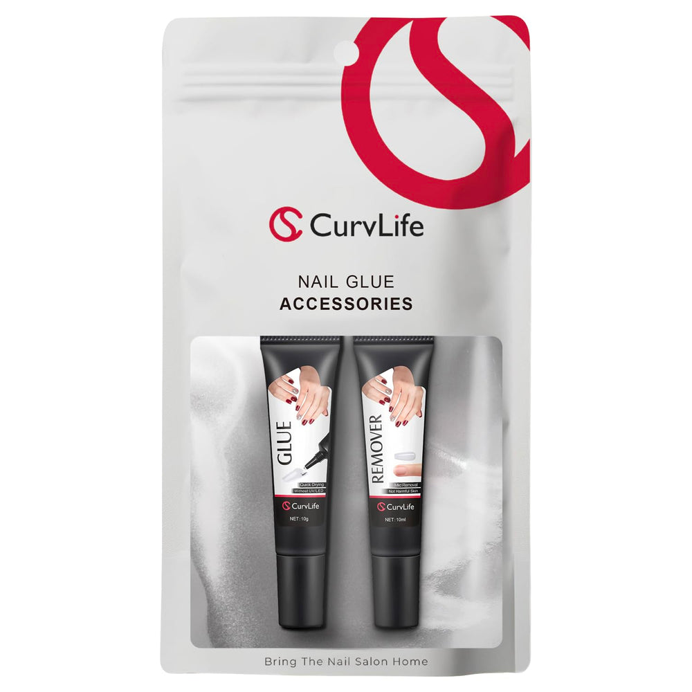Curvlife quick-drying nail glue 10g bottle pours for fast, secure nail application.