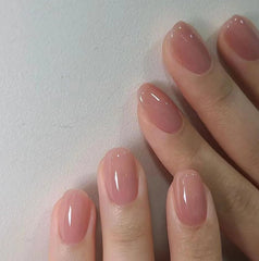 Curvlife soft gel press-on nails honey peach pink oval close-up pattern detail